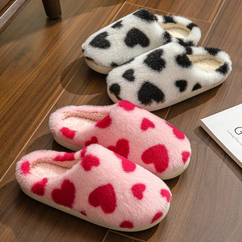 Cute House Slippers Women 2025 Winter Home Exquisite Heart Love Fuzzy Warm Comfy Non Slip Flat Plush Shoes Girls Gift Lover