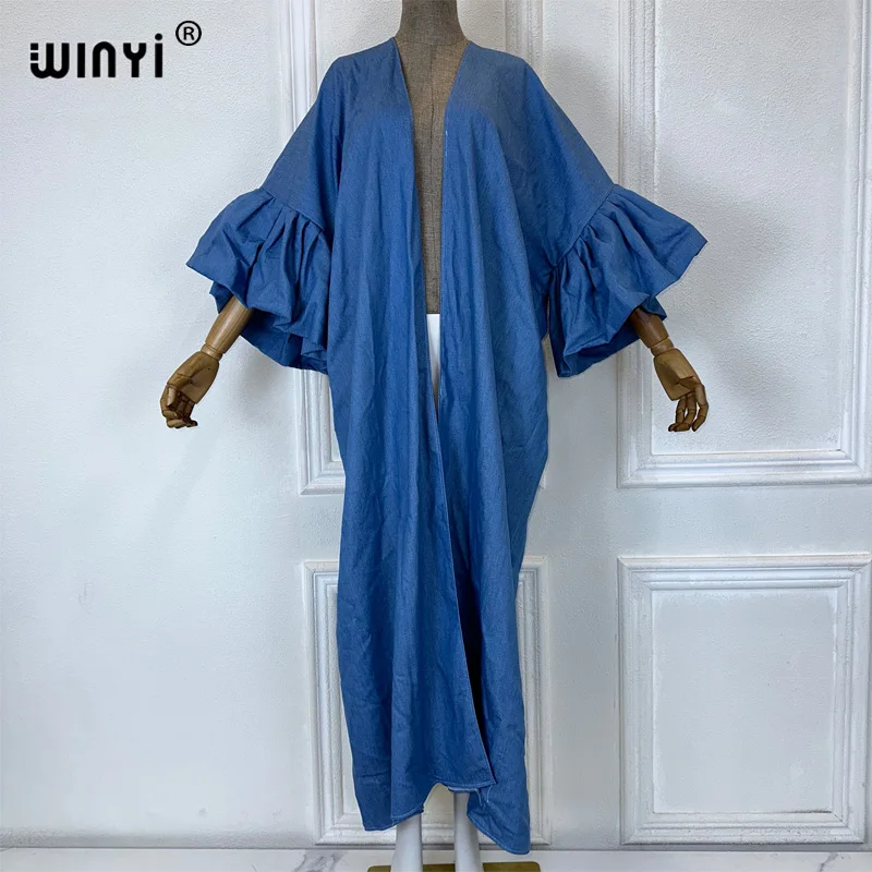 Sweter z denimowymi rękawami Kimono WINYI długi płaszcz elegancka sukienka futerał do pływania Up