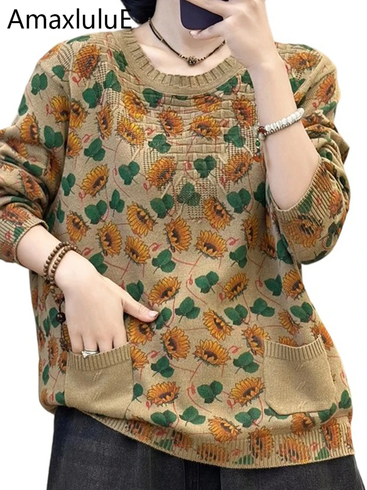 

Amax LuluE 2025 Fall Korean Pullover Womens Casual Loose Floral Knitted Sweaters Ladies Classic Printed Cotton Oversized Jumpers
