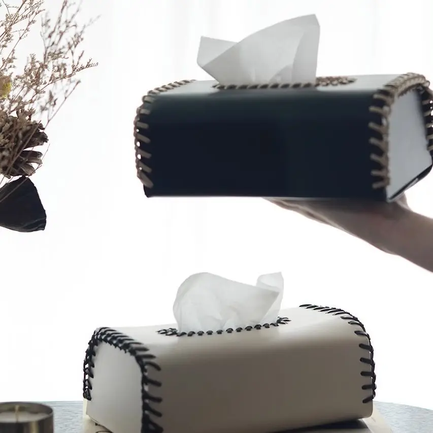 Light luxury high-end tissue box, handmade leather, two-tone woven design, decoration for tea table and living room