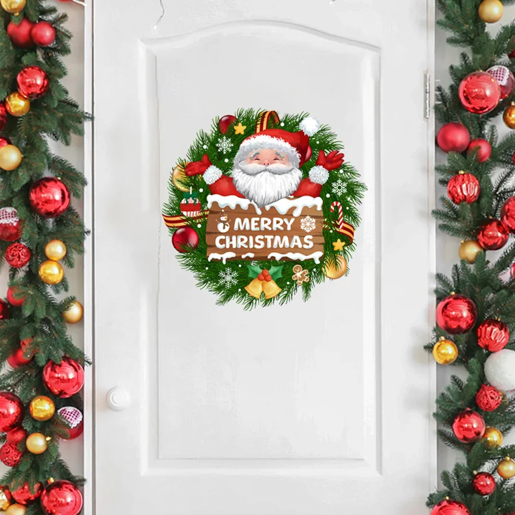 Weihnachtsmann-Kranz-Glocken-Wandaufkleber für Wohnzimmer, Tür, Heimdekoration, Wandbild, Glasfenster, Neujahrsdeko, selbstklebende Aufkleber – Detail 2