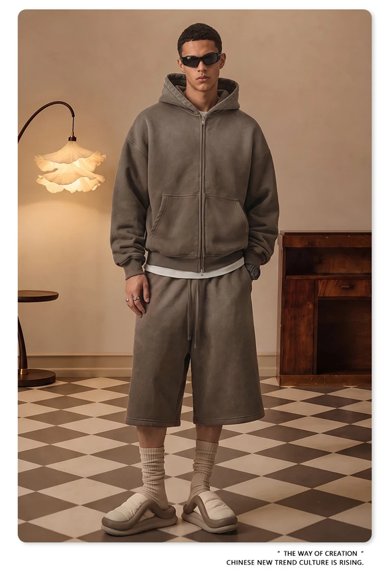 ZODF Retro Winter 400gsm Monkey Washed Fleece Zipper Hoodie Unisex Boxyfit Distressed High Street Hooded Jackets Outwears HY1330
