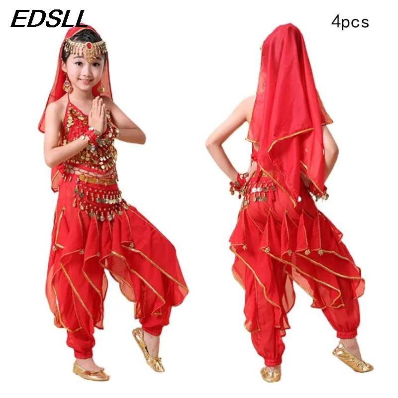 4PCS New Kids Girls Belly Dance Set Children's  Indian Dance Clothing Dance Performance Outfit Set Halloween Costumes