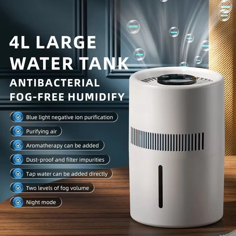 Umidificador sem névoa de grande capacidade 4L com purificação de íons negativos de luz azul com caixa de aromaterapia Umidificador USB com toque