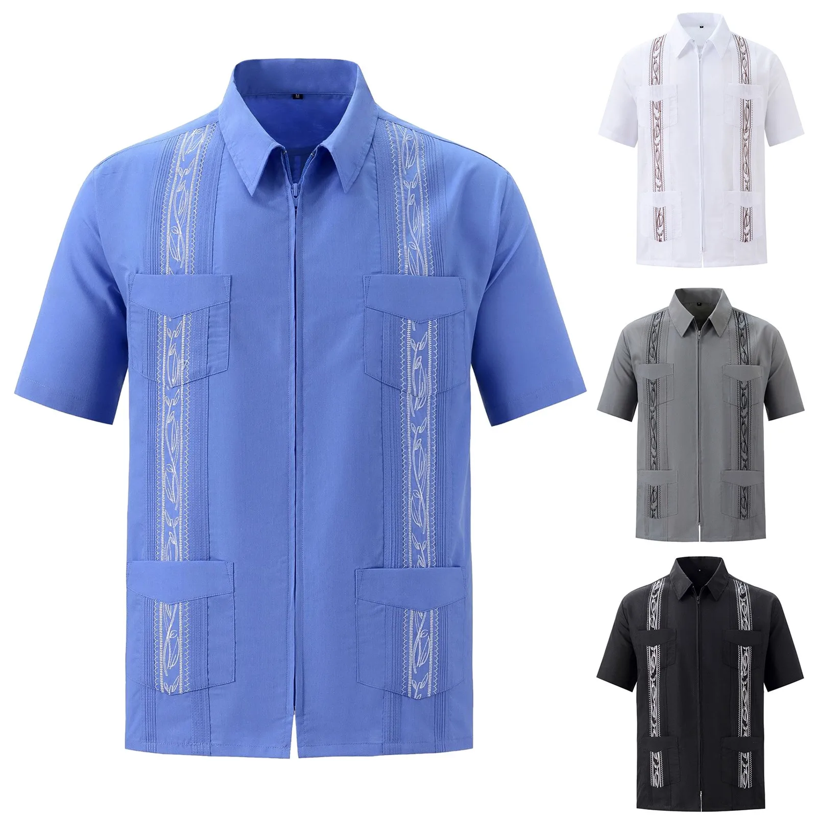 Men\'s Embroidery Short Sleeve Shirt Zipper Turn Down Collar Elegant Shirts With Pockets Spring Summer Vintage Undershirts Tops