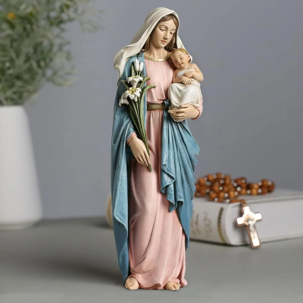 تمثال مادونا والطفل المرسوم يدويًا 13.5، ديكور منزلي كاثوليكي، مريم مع شخصية يسوع الطفل، تمثال مريم العذراء المباركة