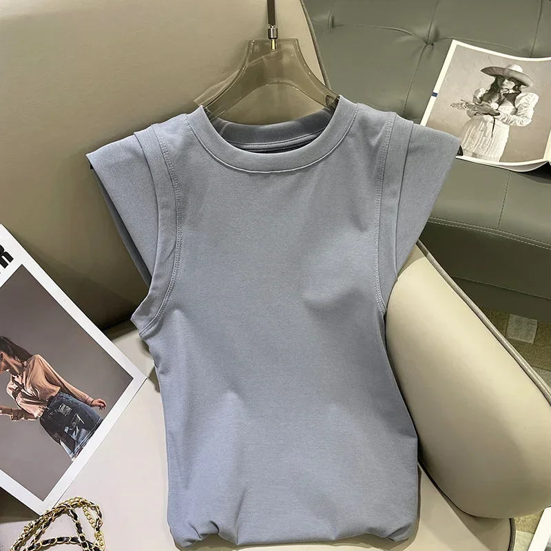 

AOSSVIAO 2025 повседневная летняя женская обтягивающая футболка, обтягивающая футболка без рукавов с круглым вырезом, базовые однотонные топы в полоску, женская футболка