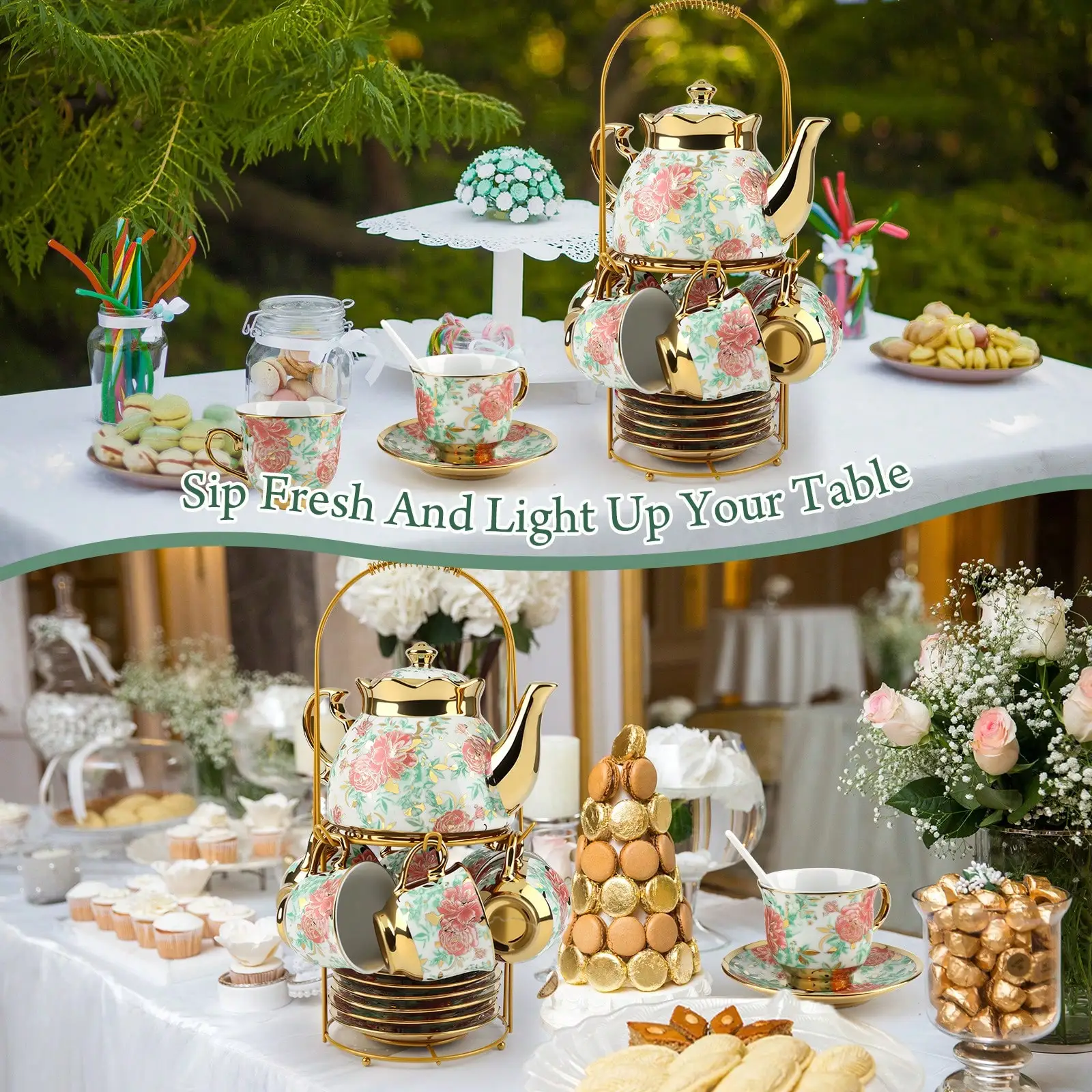 20-Piece European Porcelain Tea Set With Metal Stand & Green Floral Painting – Elegant Tea Service Gift For Adults, Ideal For Spring Outing, Easter Party, Home Decor & Special Occasions (Classic Gold)
