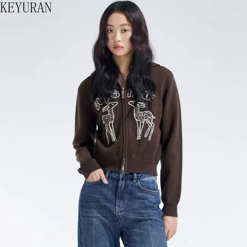 

Print Hooded Knitted Cardigan Women 2025 Spring Vintage Fashion Long Sleeve Sweater Jacket Graphic Knitwear Crop Top Y2k Clothes