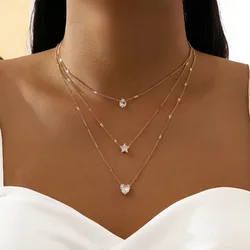 FTCY 3 Pcs Vintage Crystal Love Heart Necklace Set for Women Simple Multilayered Gold Color Women's Necklace Hypoallergenic Jew