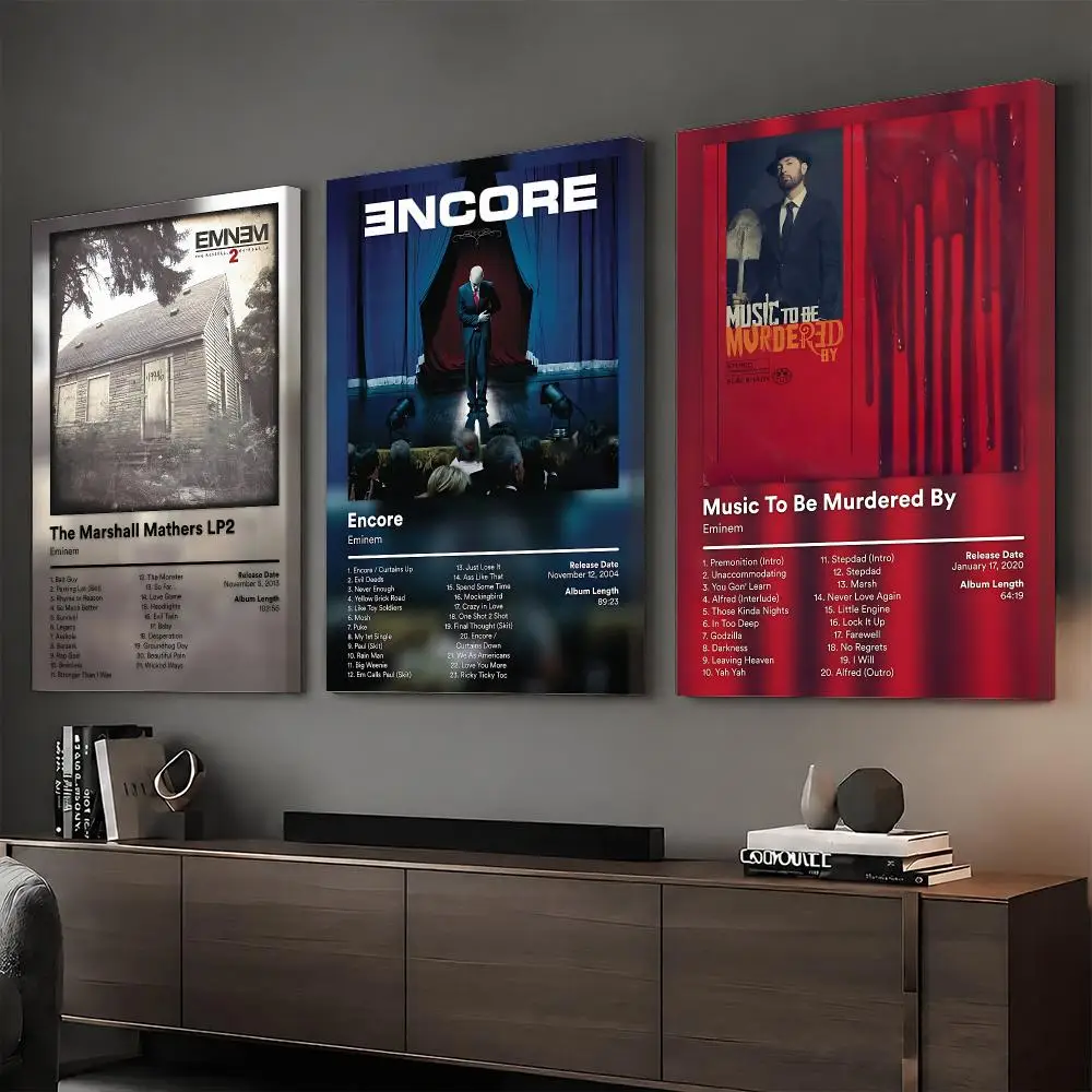 E-Eminem Music Rapper Painting Calligraphy Wood Framed Canvas Poster HD Wall Art For Bedroom Hallway Bar Office Home Decor
