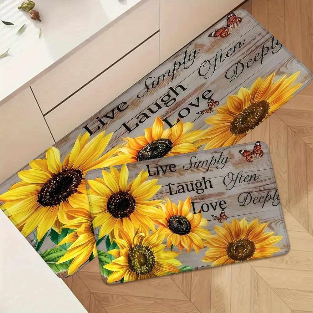 1pc/2pcs/3pcs Sunflower Themed Kitchen Rug with The Print 'Live Simply Laugh Often Love', Designed to Be Absorbent And Non-Slip. This Spring And Summer Kitchen Mat Set Can Be Given As a Gift, Is Machine Washable, And Suitable for Entryways