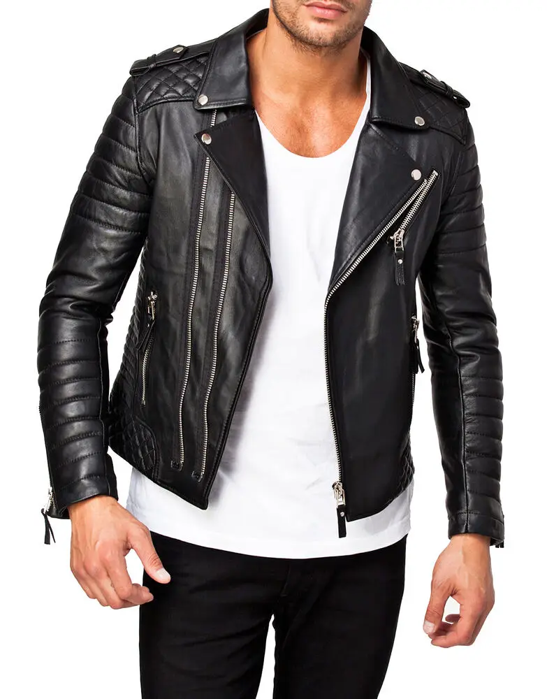 

Men's Leather Jacket Sheepskin Black Leather Slim Fitting Fashionable Quilting European and American Men's Fashion Trend