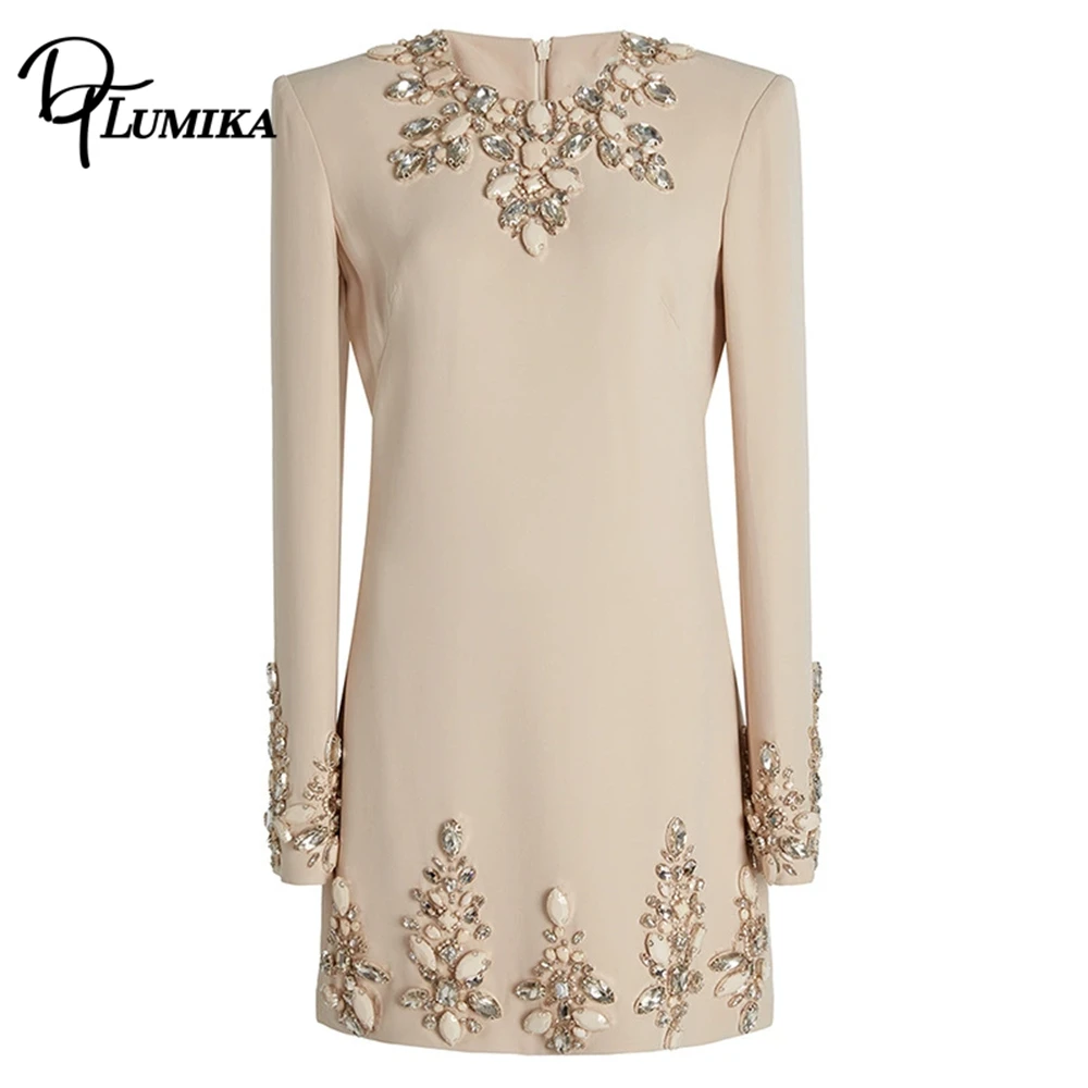 فستان DTLumika باللون البيج الجديد للنساء مع كريستالات ثلاثية الأبعاد مزين بالزهور ورقبة دائرية فوق الركبة فساتين رسمية بأكمام طويلة فستان العشاء #4