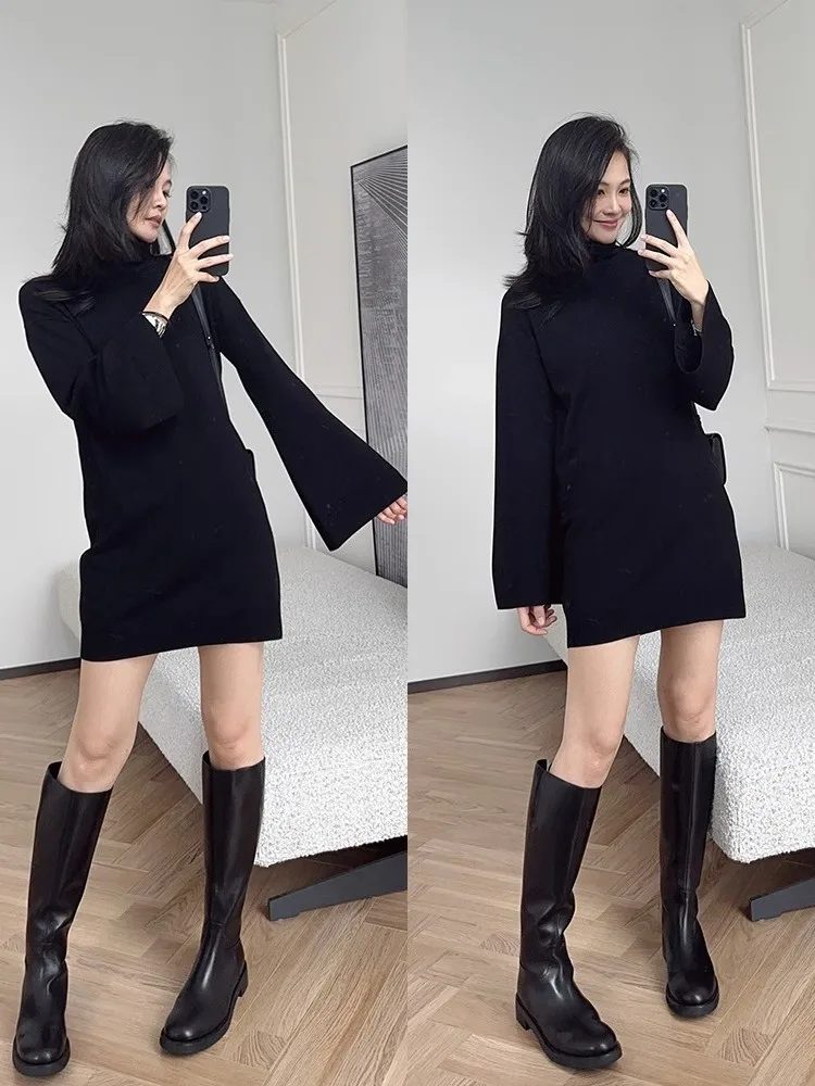 

plus Size mat Bla High Collar Bell Sve Dr Women's Lazy Sle Loose Slimming Knitwear Little Bla Dr