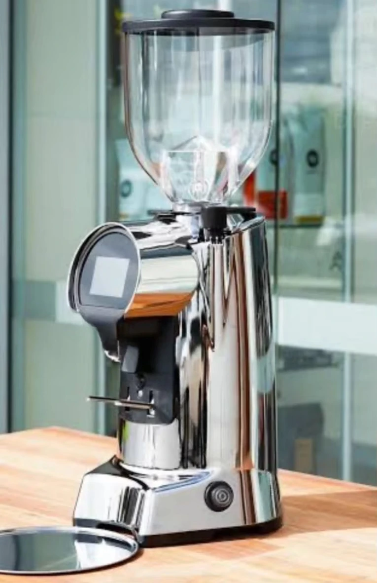 Commercial coffee grinder White, black, gray, red, and chrome.