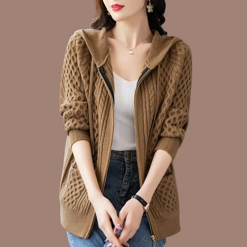 2023 New Spring Autumn Women Knitted Jacket Solid Color Thicken Hooded Cardigan Sweater Coat Casual Female Zipper Knit Cardigans