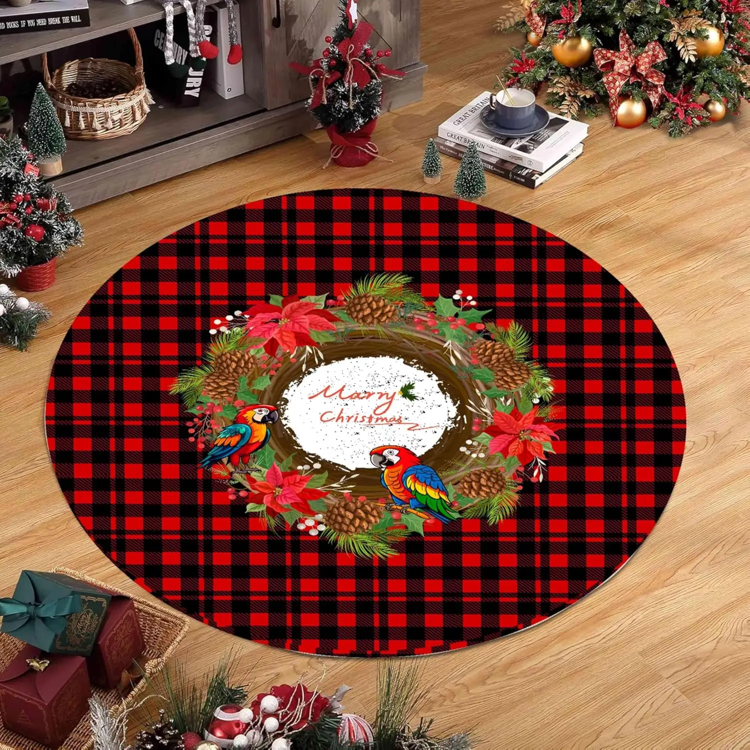 Vintage Red Truck Round Rug Merry Christmas Carpet Buffalo Plaid Area Mat Retro Pine Tree Car Living Room Floor Decor Element