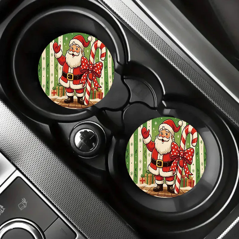 Vintage Santa Claus Car Cup Holder Coasters 2Pcs Leather Non Slip Water Proof Cup Pad Universal 7cm Auto Coaster Set Easy Clean