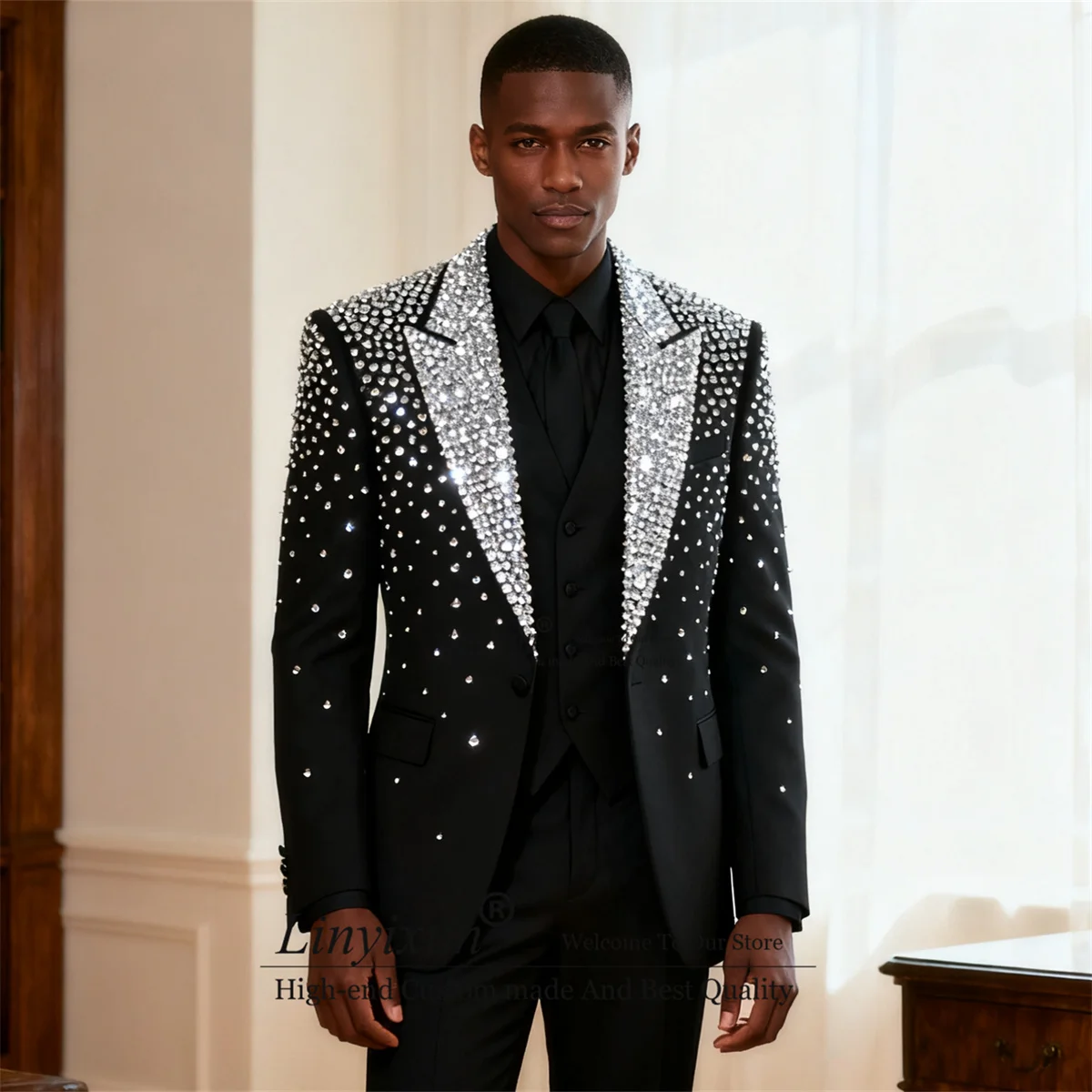 

High End Rhinestone Beaded Men Suits Customized Ropa Hombre Peaked Lapel Groom Tuxedos 3 Pieces Sets Male Party Prom Blazer