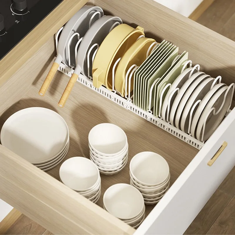 Expandable Storage Holder Pots Organizer Tableware Rack Kitchen Drawer Cabinets Iron Material Multi-function Lid Chopping