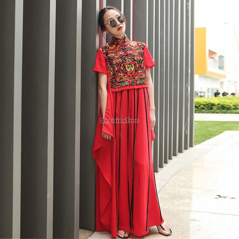 2024 chinese ethnic style women daily embroidery tassel tray buckle loose dress short sleeve stand collar a-line retro dress w93