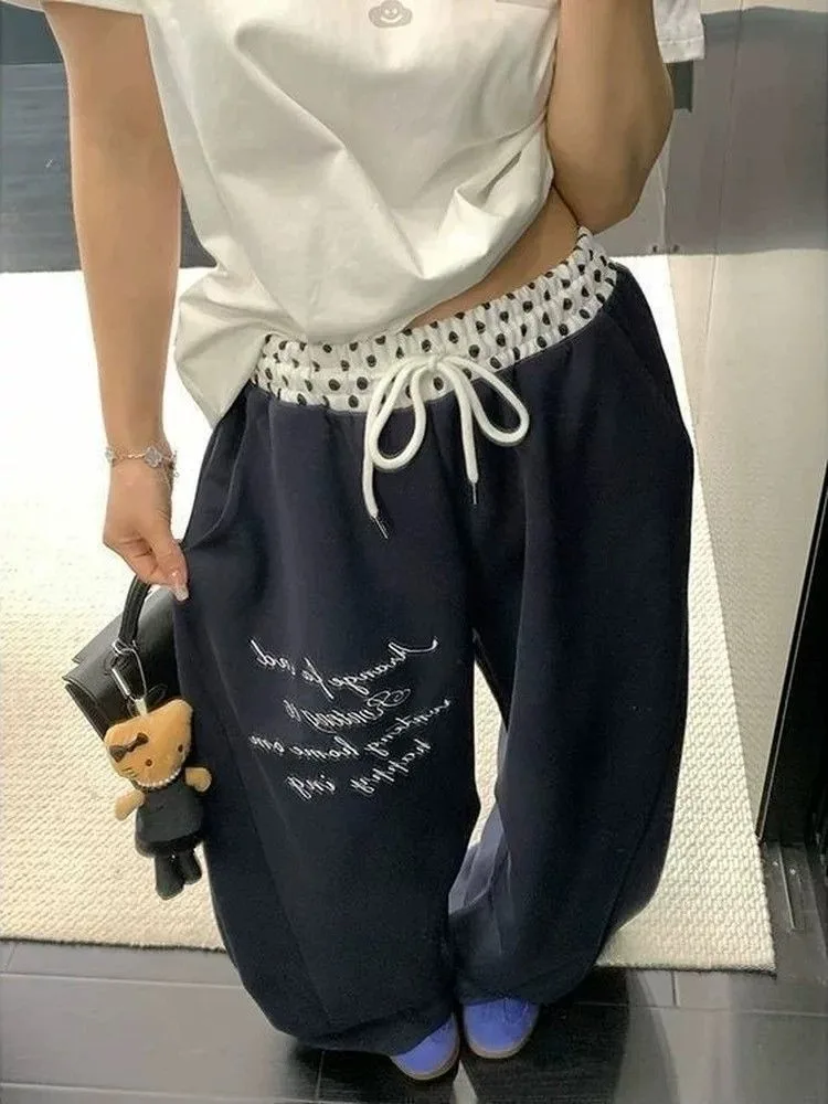 Women's Letter Pattern Vintage Dots Thin Pants Hip-hop Summer Bottoms Casual Wide Leg Trousers Female High Waisted Sweatpants