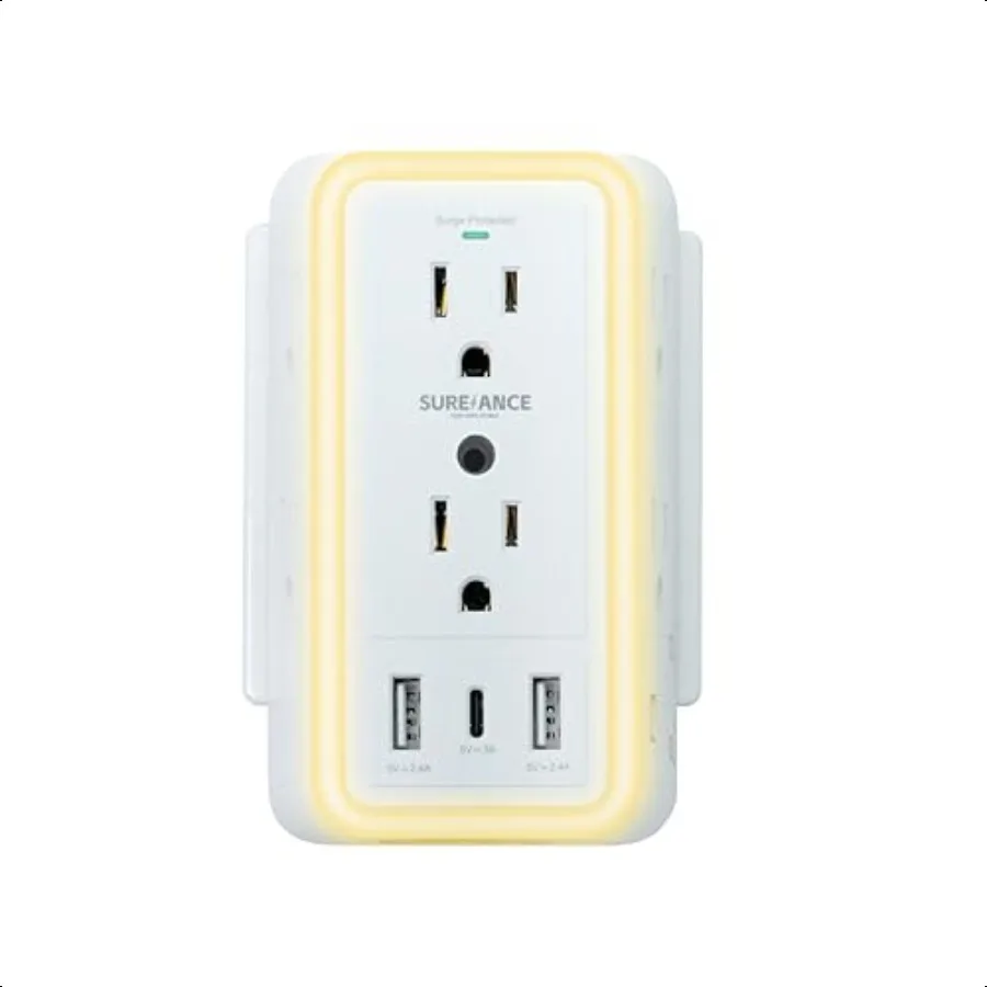 

Multi Plug Wall Outlet 6Outlet Extender with Night Light 3 USB Ports 3Sided Power Strip with Adapter Spaced Outlets 1050J Wall