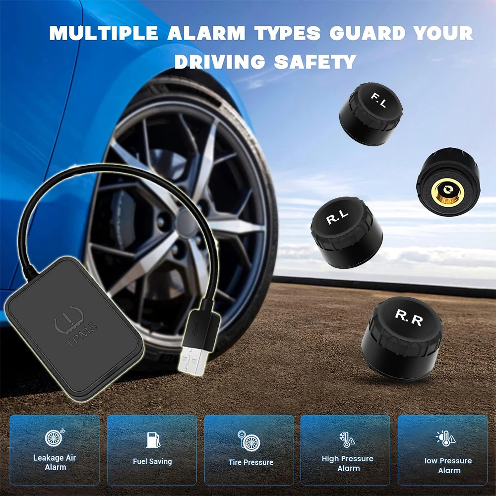 

USB Android Car TPMS Wireless Transmission Tire Pressure Monitoring SystemAndroid Navigation TPMS With 4 Sensors Alarm System