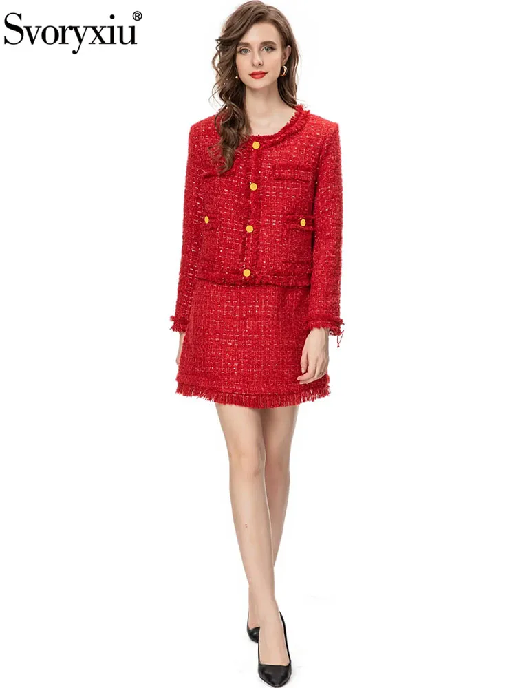 

Svoryxiu Autumn Fashion Designer Red Color Half Skirt Suit Women's O-Neck Pocket Long Sleeve Coat + Slim A-Line Short Skirt