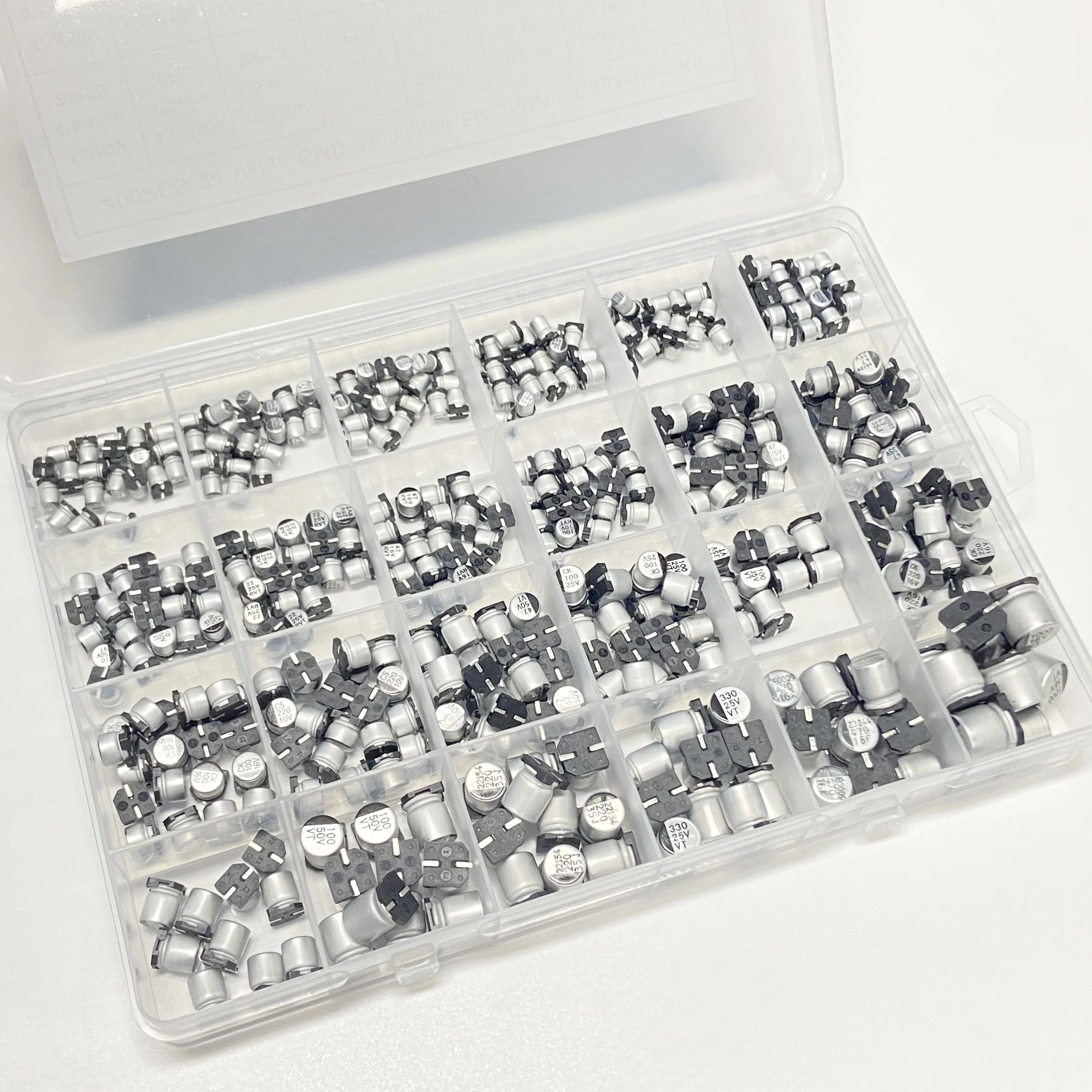 

Aluminum Electrolytic Capacitors SMD Assortment Kit 400Pcs 24Value SMD 1uF~1000uF 6.3V-50V 24Value with box