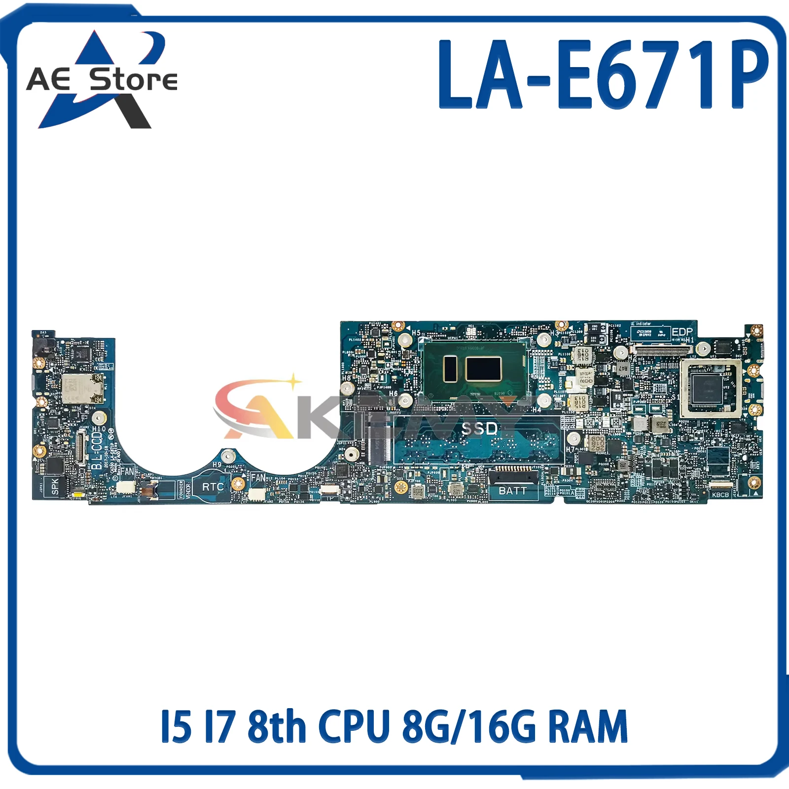 

AE LA-E671P Laptop Motherboard For DELL XPS13 9370 CN-0N01X1 N01X1 Mainboard with I5 I7 8th CPU 8G/16G RAM 100% Tested ok