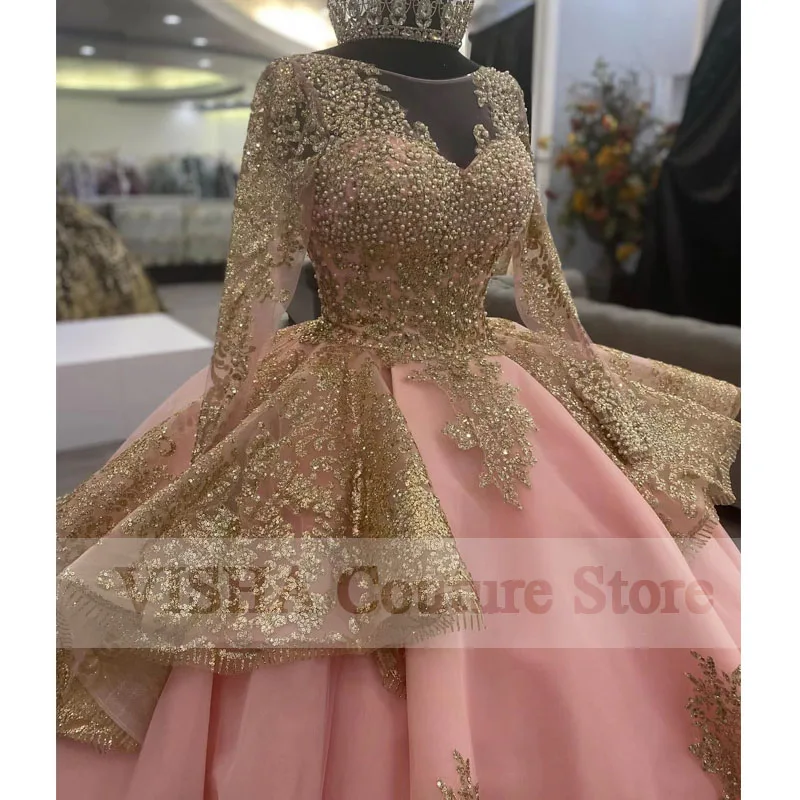 2023 Roze Quinceanera Jurken Baljurk Sweet 16 Jurk Lace Up Applicaties Kralen Graduation Partij Jassen Vestido De 15 Anos