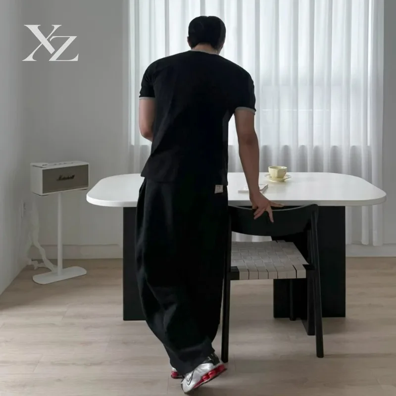 Opening Sale |Men Clean Fit Contrast Waist Straight Leg Pants Summer Draped Wide Leg Korean Style Casual Loose Long Trousers