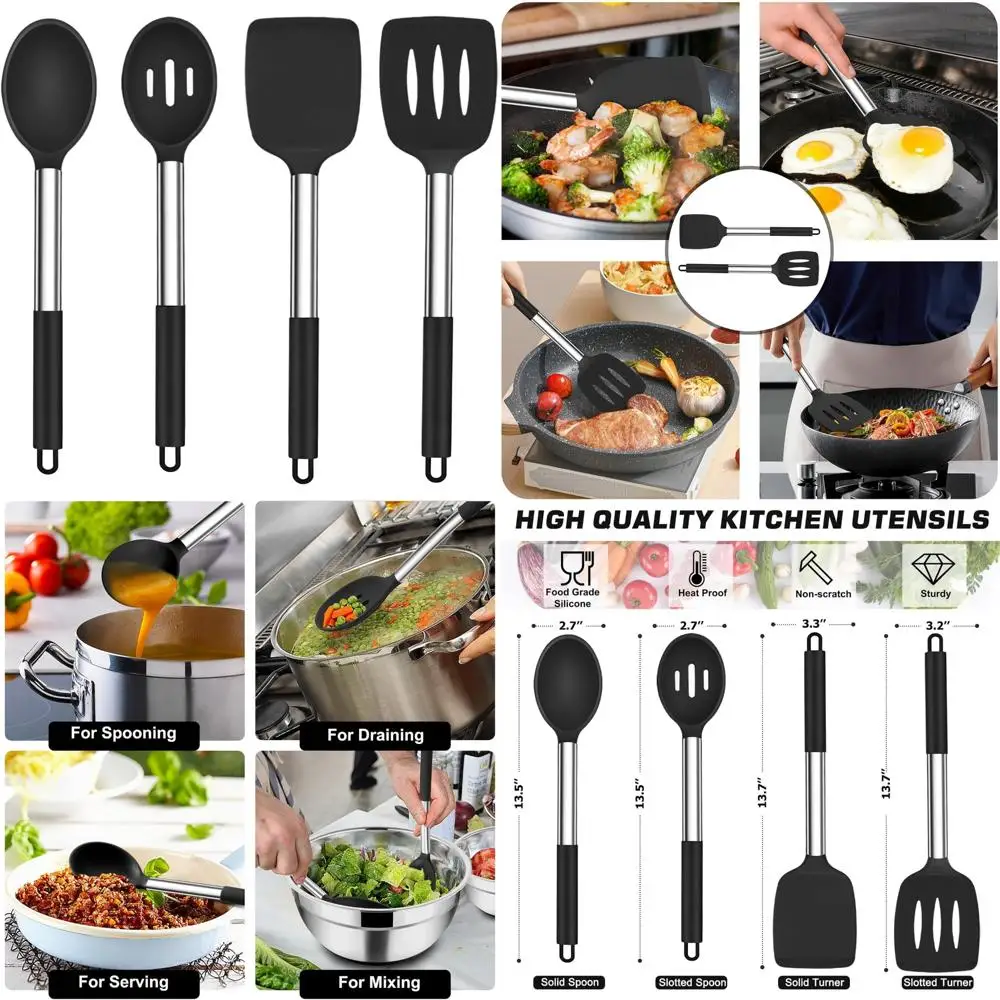

kitchen utensils, 4 pcs silicone cooking utensils spatula spoon set with stainless steel handle, for frying mixing draining tur