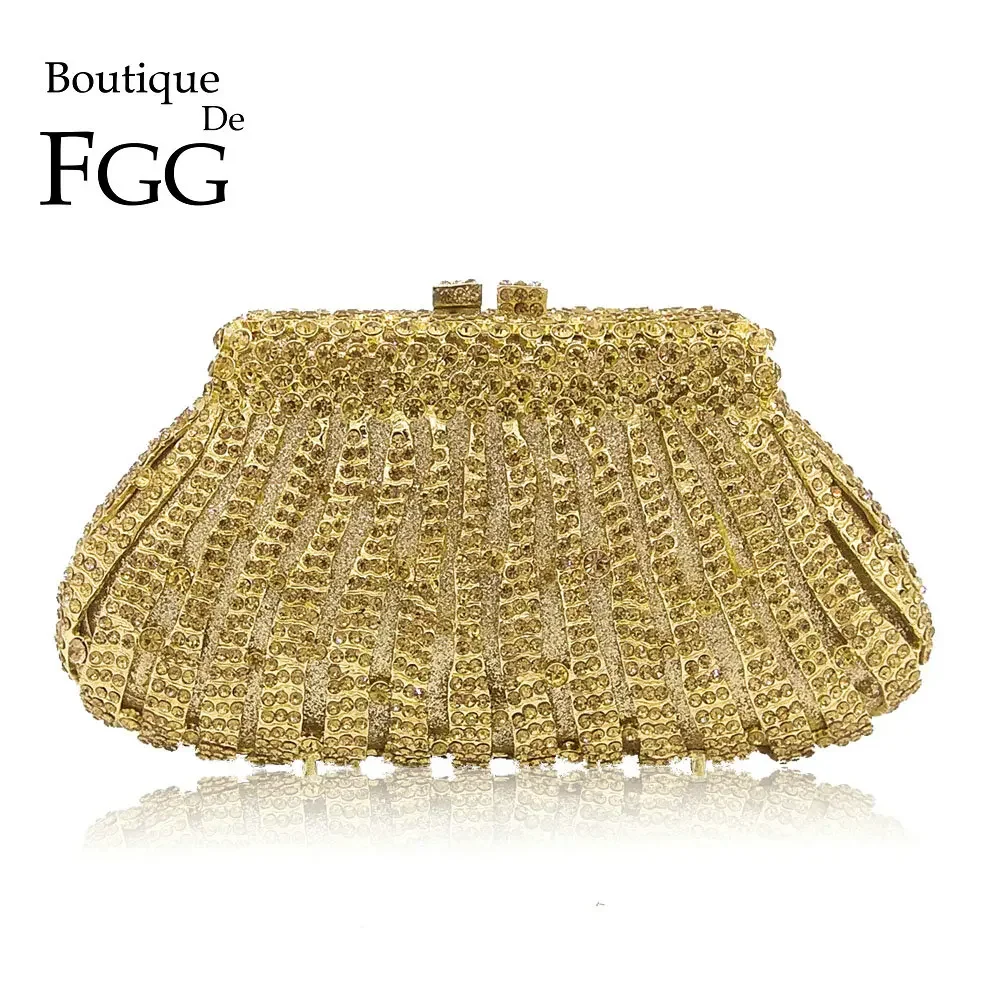 

Boutique De FGG Socialite Hollow Out Golden Diamond Wedding Party Handbag Purse Women Crystal Clutch Evening Minaudiere Bag