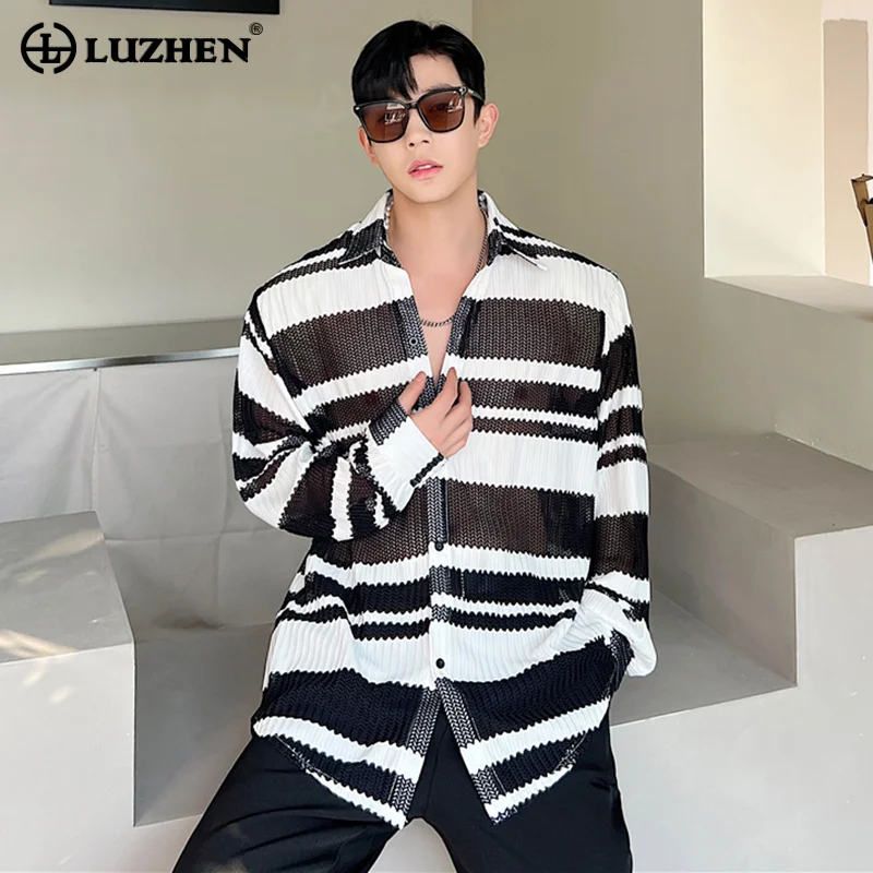 

LUZHEN 2024 Autumn Trendy Color Contrast Stripe Elegant Long Sleeve Casual Knitted Shirts Men's Mesh Korean Stylish Tops 349eb8