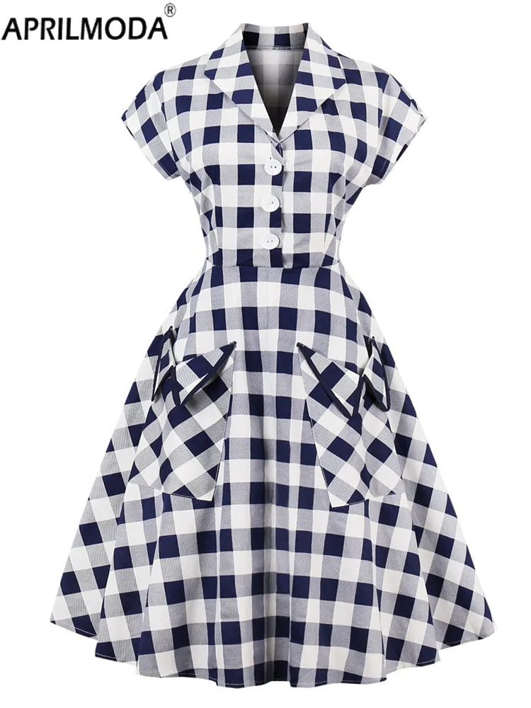 2025 เปิดลงปกVINTAGE Casualฤดูร้อนชุดสตรีกระเป๋าขนาดใหญ่ 1950s 60s Elegant A Lineรันเวย์พรหมค็อกเทล