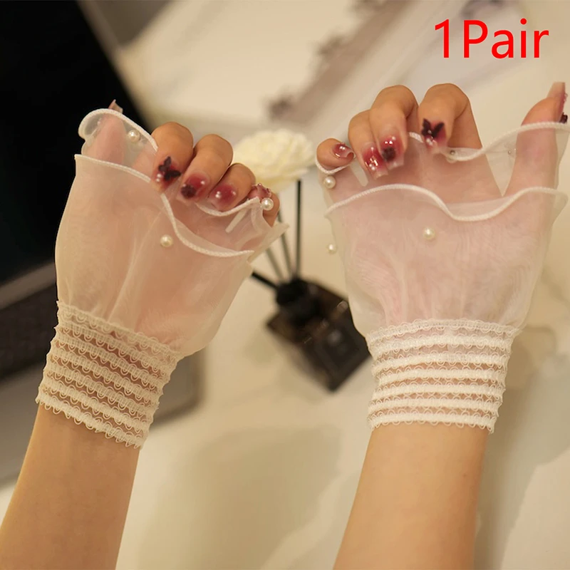 1Pair Pearl Lace Sleeves High Quality Fluffy Lolita Wrist Cuffs Nail Art Fake Pleated Cuff Manicure Props