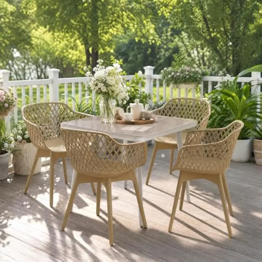 Modern Dining Chairs Set of 2, Weather-Resistant Plastic Cafe Chairs with Ergonomic Back and Non-Slip Pad, Suitable for Patio, Restaurant, Yard, Porch, Balcony, Khaki