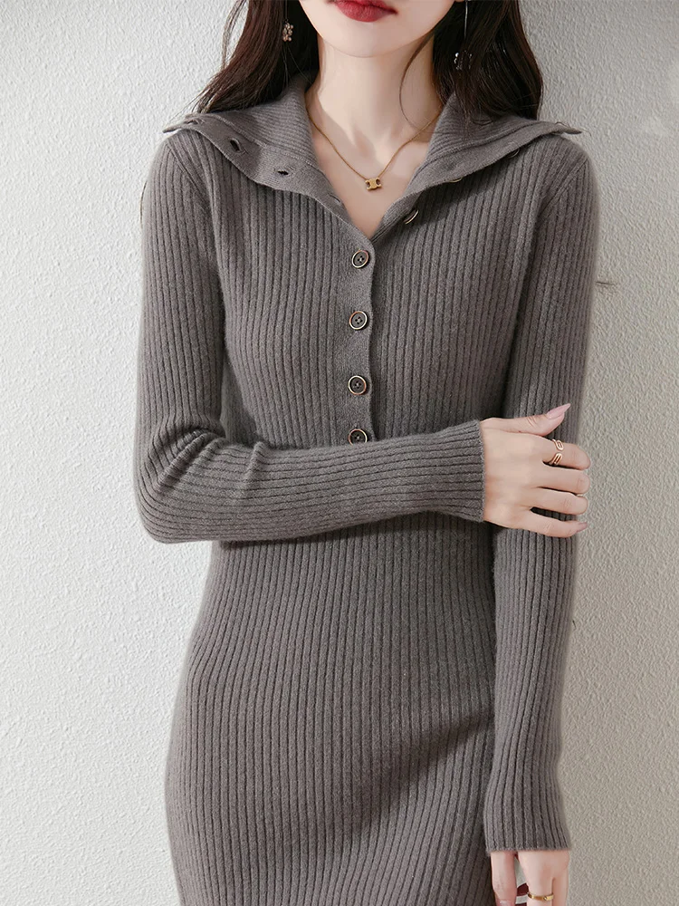 Autumn Winter Women Sweater Wool Dress Mock Neck Pullover Skirt 100% Merino Wool Knitwear Buttons Style Cashmere Chic Slim Skirt