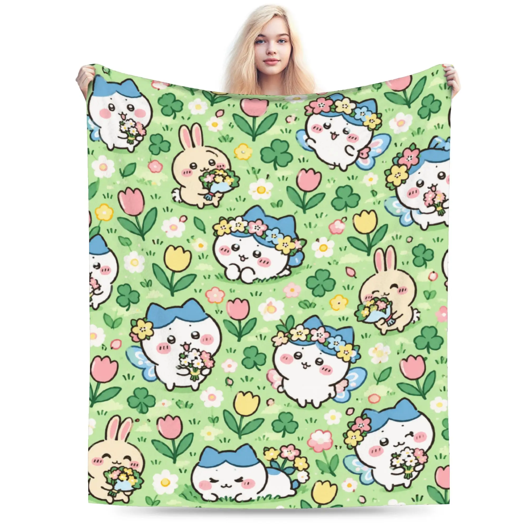 C-ChiikawaS Peach Floral Design Flannel Blanket  Warm Bedding Throws for Living Room Decorative Novelty Bedspread Sofa Bed Cover