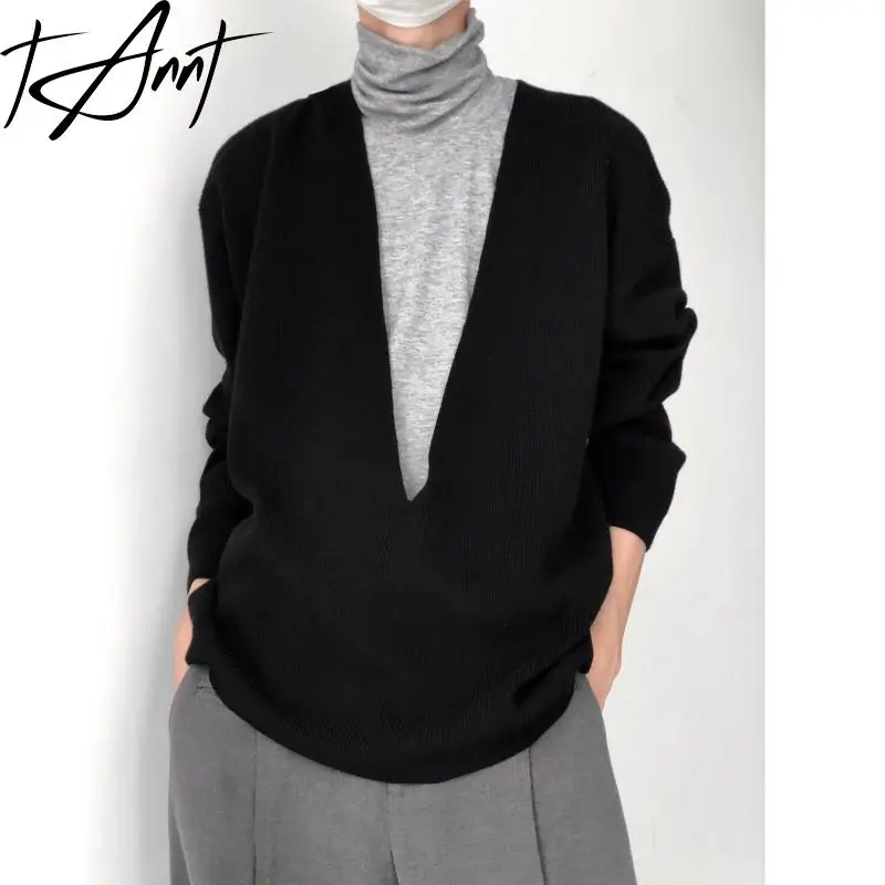 

Tannt Women Sweater V-neck Black Vintage Oversize Winter Pullover Sweaters Fashion Loose Casual Long Knitting Tops Women 2024