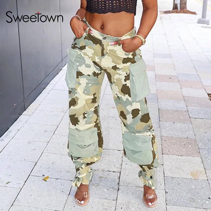 sweetown Camouflage Work Cargo Pants Women Contrast Patchwork Pockets Stitch Low Waist Vintage 90s Streetwear Straight Trousers