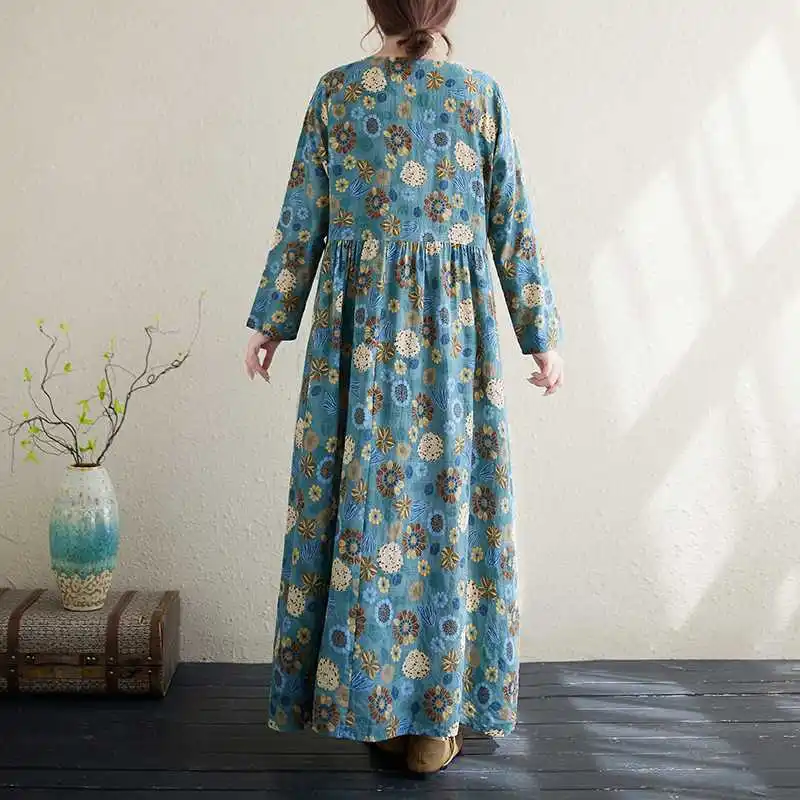 Robe longue d'automne pour femmes, style Boho, décontractée, plage, coton, lin, élégante, col rond, Vintage, Maxi, ample, vêtements pour femmes
