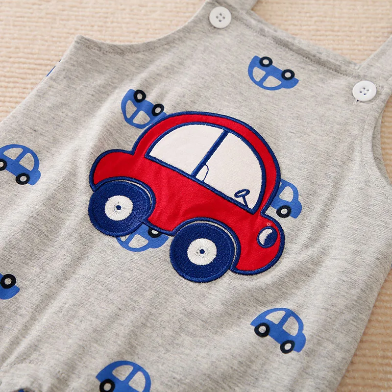 Spring And Autumn Boys And Girls Cute Cartoon Car Printing Cotton Comfortable Baby Short Sleeve+Strap Pants Two Piece Set