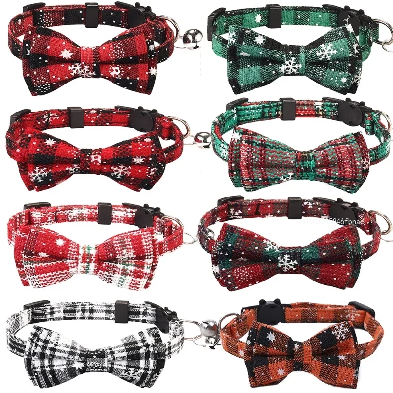 Bowknot Breakaway Cat Collar with Bell Plaid Christmas Necklace Elastic Adjustable Small Dog Puppy Collar Pet Accessoires