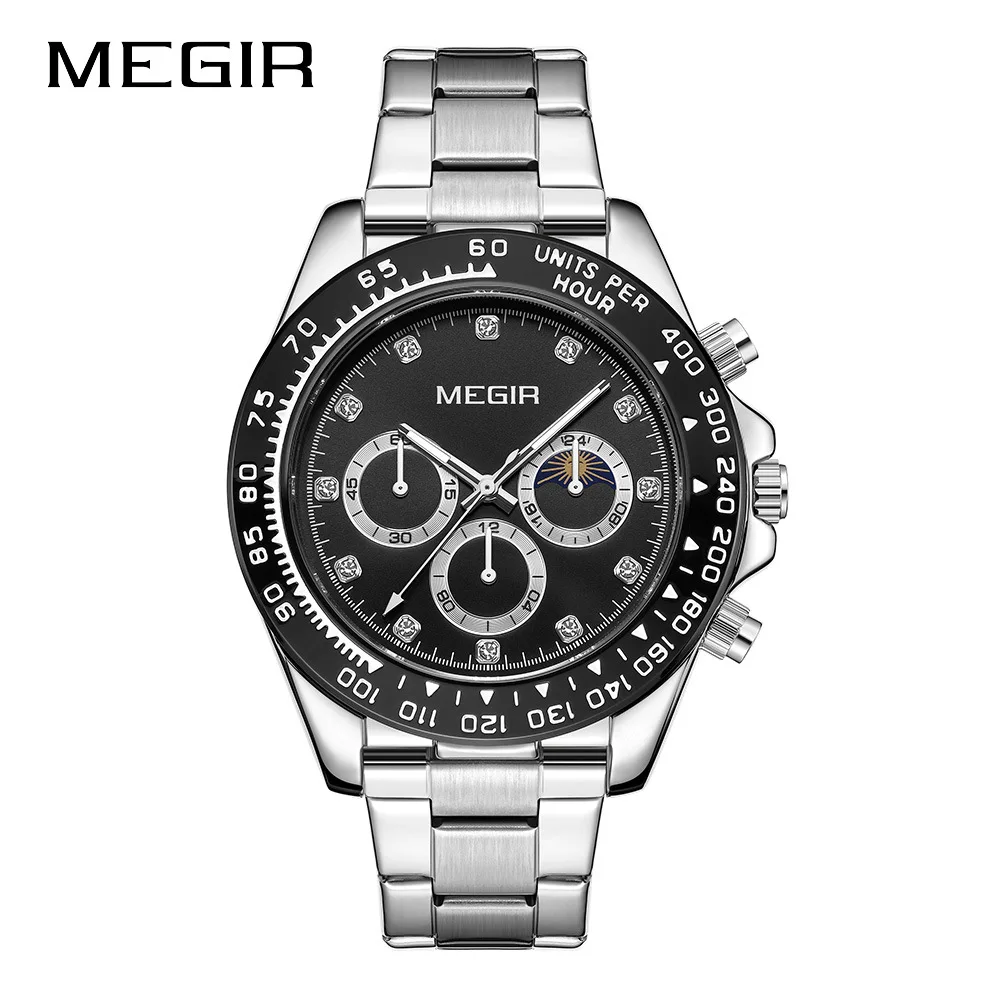 Moon Phase Waterproof Steel Watch Men's Band Business Three Eye Six Hand Quartz Round Stainless Steel Bracelet Wristwatch