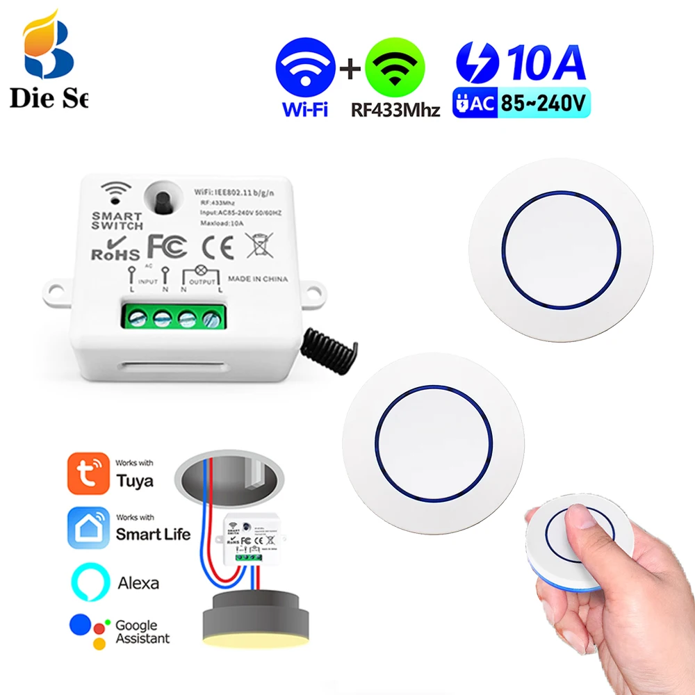 

WIFI RF433Mhz Wireless Remote Control light Switch AC 110V push Button Mini Relay Module Google Home Alexa Tuya Smart Life APP