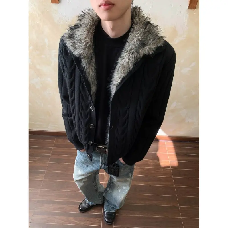 

Thiened Knitted Men's Sweater with Fur Collar Traditional Weaving Design Winter Outerwear Jaet for Casual Daily Wear